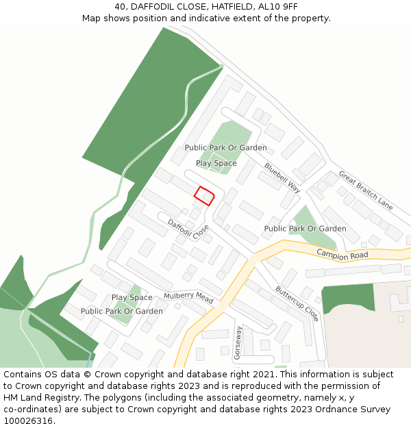 40, DAFFODIL CLOSE, HATFIELD, AL10 9FF: Location map and indicative extent of plot