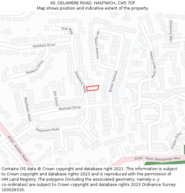 40, DELAMERE ROAD, NANTWICH, CW5 7DF: Location map and indicative extent of plot