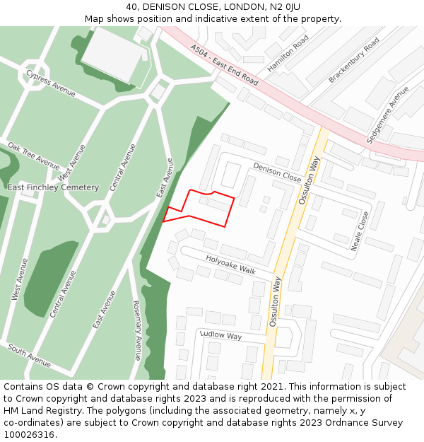 40, DENISON CLOSE, LONDON, N2 0JU: Location map and indicative extent of plot