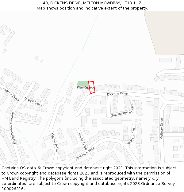 40, DICKENS DRIVE, MELTON MOWBRAY, LE13 1HZ: Location map and indicative extent of plot