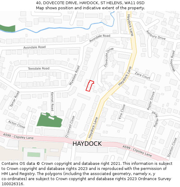 40, DOVECOTE DRIVE, HAYDOCK, ST HELENS, WA11 0SD: Location map and indicative extent of plot