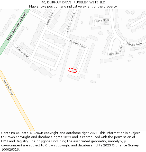 40, DURHAM DRIVE, RUGELEY, WS15 1LD: Location map and indicative extent of plot