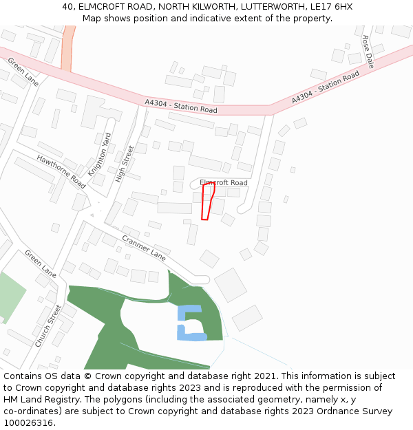 40, ELMCROFT ROAD, NORTH KILWORTH, LUTTERWORTH, LE17 6HX: Location map and indicative extent of plot