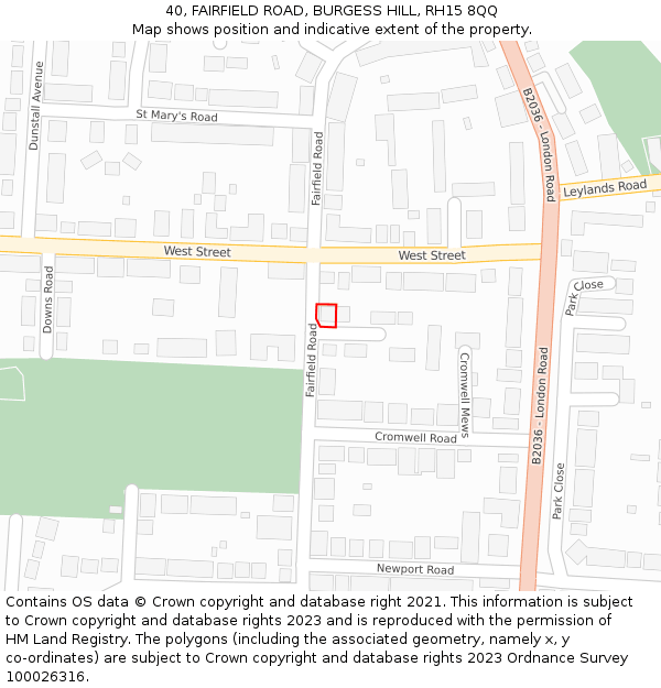 40, FAIRFIELD ROAD, BURGESS HILL, RH15 8QQ: Location map and indicative extent of plot