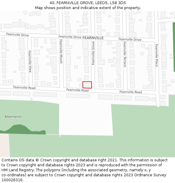 40, FEARNVILLE GROVE, LEEDS, LS8 3DS: Location map and indicative extent of plot