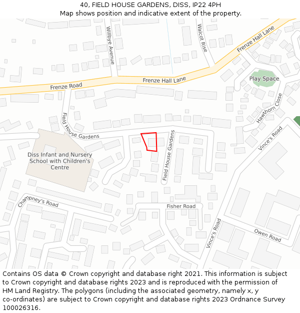 40, FIELD HOUSE GARDENS, DISS, IP22 4PH: Location map and indicative extent of plot