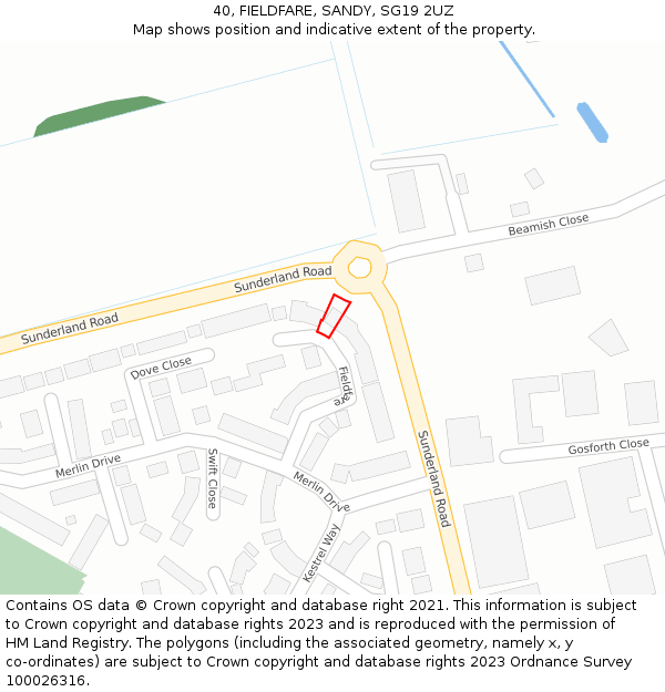 40, FIELDFARE, SANDY, SG19 2UZ: Location map and indicative extent of plot