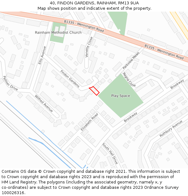 40, FINDON GARDENS, RAINHAM, RM13 9UA: Location map and indicative extent of plot