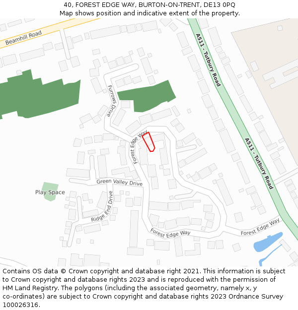 40, FOREST EDGE WAY, BURTON-ON-TRENT, DE13 0PQ: Location map and indicative extent of plot