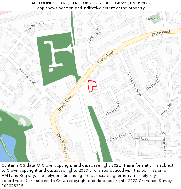 40, FOUNES DRIVE, CHAFFORD HUNDRED, GRAYS, RM16 6DU: Location map and indicative extent of plot