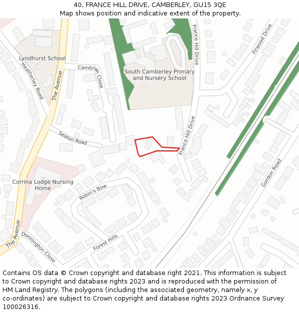 40, FRANCE HILL DRIVE, CAMBERLEY, GU15 3QE: Location map and indicative extent of plot