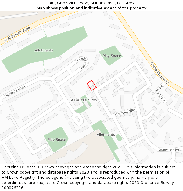 40, GRANVILLE WAY, SHERBORNE, DT9 4AS: Location map and indicative extent of plot