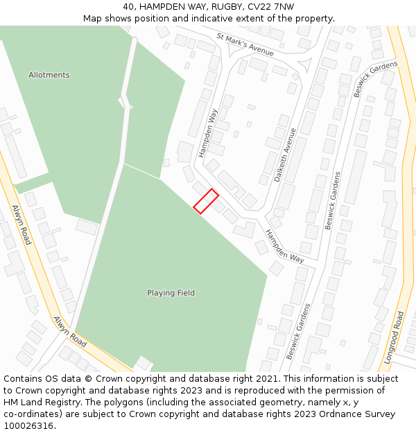 40, HAMPDEN WAY, RUGBY, CV22 7NW: Location map and indicative extent of plot
