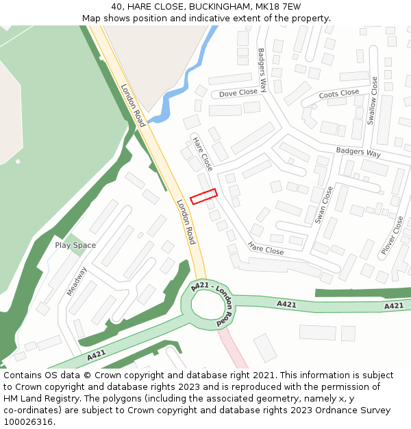 40, HARE CLOSE, BUCKINGHAM, MK18 7EW: Location map and indicative extent of plot