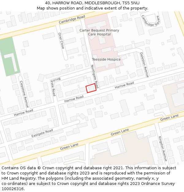 40, HARROW ROAD, MIDDLESBROUGH, TS5 5NU: Location map and indicative extent of plot