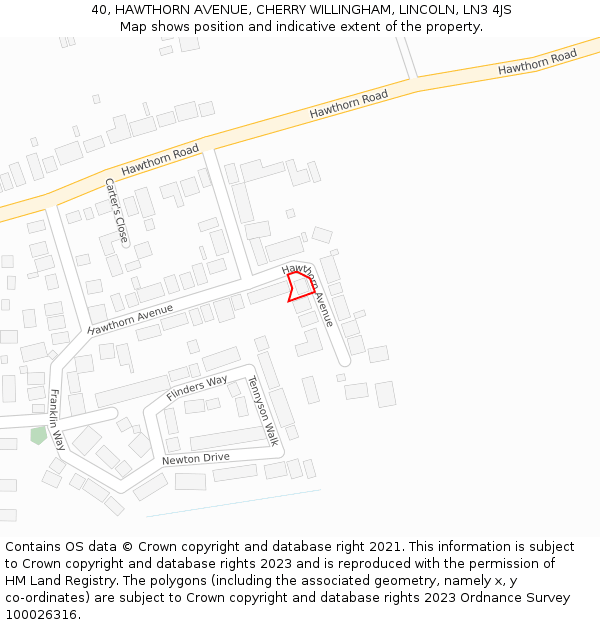 40, HAWTHORN AVENUE, CHERRY WILLINGHAM, LINCOLN, LN3 4JS: Location map and indicative extent of plot