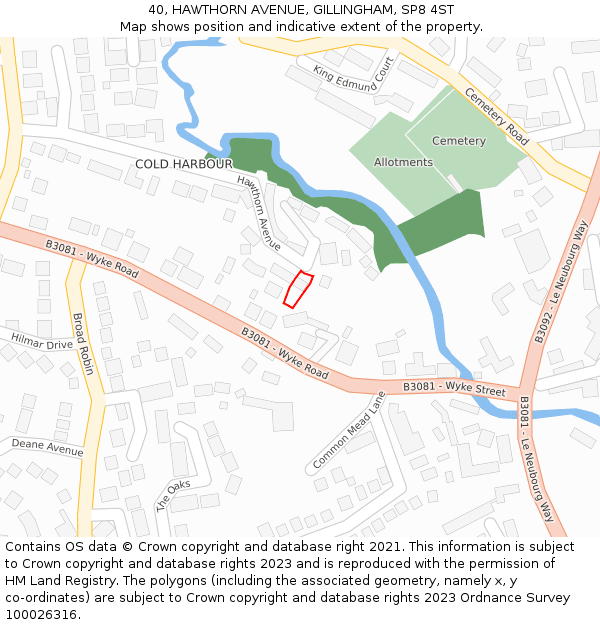 40, HAWTHORN AVENUE, GILLINGHAM, SP8 4ST: Location map and indicative extent of plot