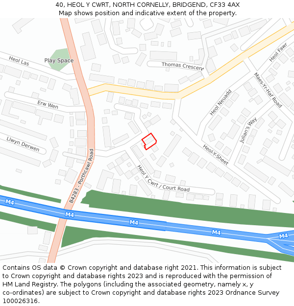 40, HEOL Y CWRT, NORTH CORNELLY, BRIDGEND, CF33 4AX: Location map and indicative extent of plot