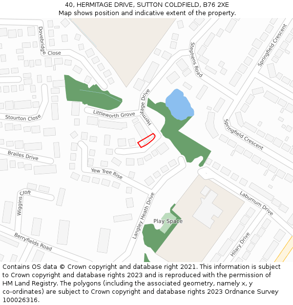 40, HERMITAGE DRIVE, SUTTON COLDFIELD, B76 2XE: Location map and indicative extent of plot
