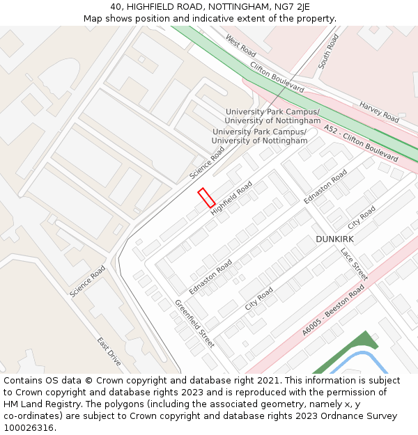 40, HIGHFIELD ROAD, NOTTINGHAM, NG7 2JE: Location map and indicative extent of plot