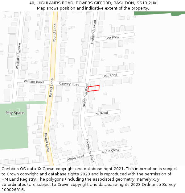 40, HIGHLANDS ROAD, BOWERS GIFFORD, BASILDON, SS13 2HX: Location map and indicative extent of plot