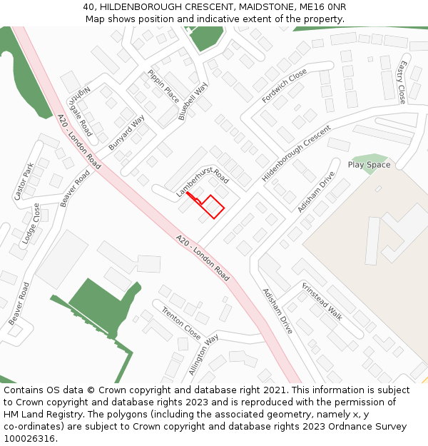40, HILDENBOROUGH CRESCENT, MAIDSTONE, ME16 0NR: Location map and indicative extent of plot