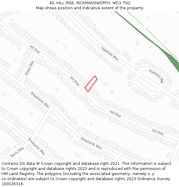 40, HILL RISE, RICKMANSWORTH, WD3 7NZ: Location map and indicative extent of plot