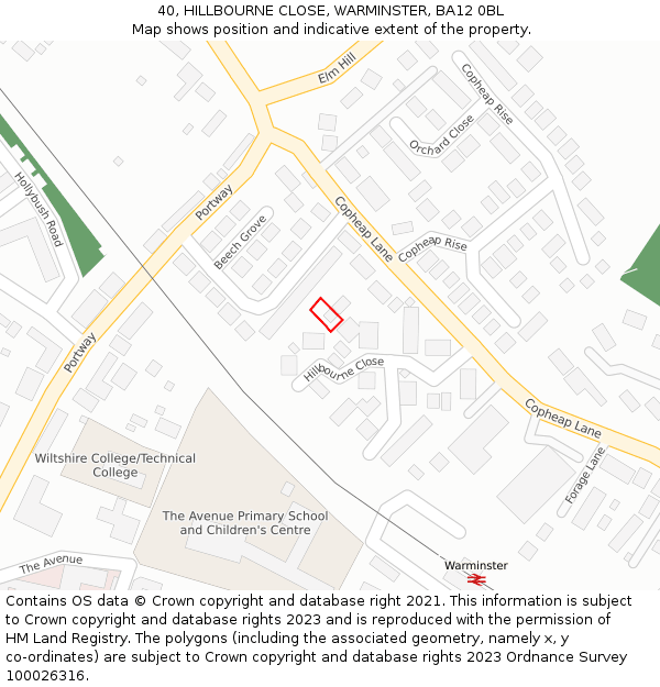 40, HILLBOURNE CLOSE, WARMINSTER, BA12 0BL: Location map and indicative extent of plot