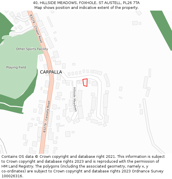 40, HILLSIDE MEADOWS, FOXHOLE, ST AUSTELL, PL26 7TA: Location map and indicative extent of plot