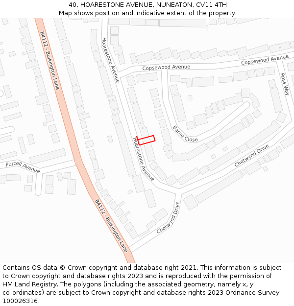 40, HOARESTONE AVENUE, NUNEATON, CV11 4TH: Location map and indicative extent of plot