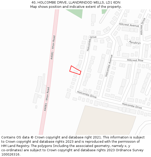 40, HOLCOMBE DRIVE, LLANDRINDOD WELLS, LD1 6DN: Location map and indicative extent of plot