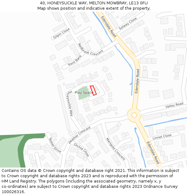 40, HONEYSUCKLE WAY, MELTON MOWBRAY, LE13 0FU: Location map and indicative extent of plot