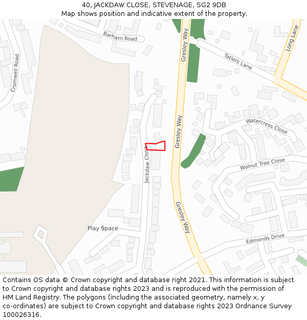 40, JACKDAW CLOSE, STEVENAGE, SG2 9DB: Location map and indicative extent of plot