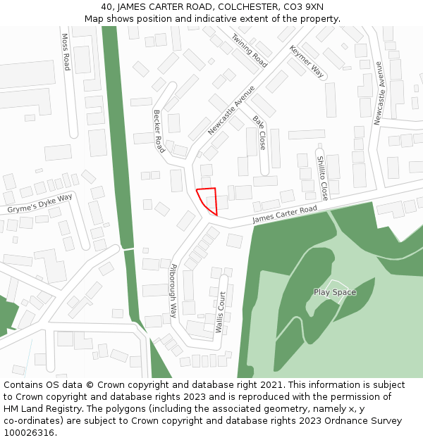 40, JAMES CARTER ROAD, COLCHESTER, CO3 9XN: Location map and indicative extent of plot