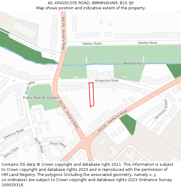 40, KINGSCOTE ROAD, BIRMINGHAM, B15 3JY: Location map and indicative extent of plot