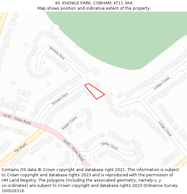 40, KNOWLE PARK, COBHAM, KT11 3AA: Location map and indicative extent of plot