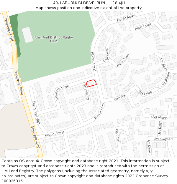 40, LABURNUM DRIVE, RHYL, LL18 4JH: Location map and indicative extent of plot