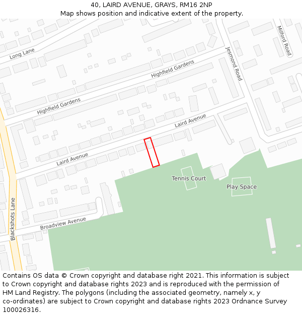 40, LAIRD AVENUE, GRAYS, RM16 2NP: Location map and indicative extent of plot