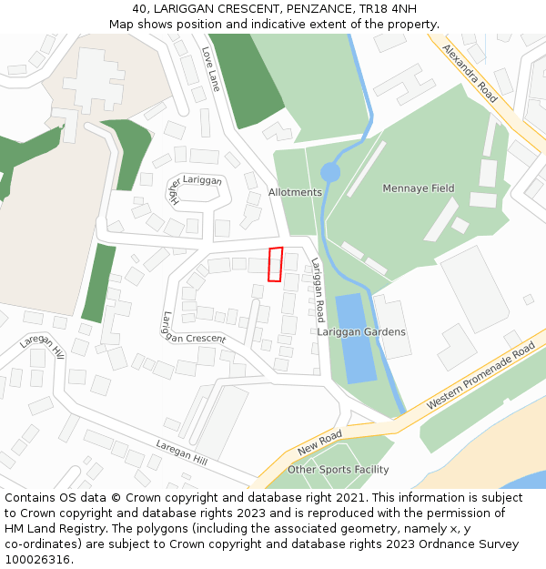 40, LARIGGAN CRESCENT, PENZANCE, TR18 4NH: Location map and indicative extent of plot