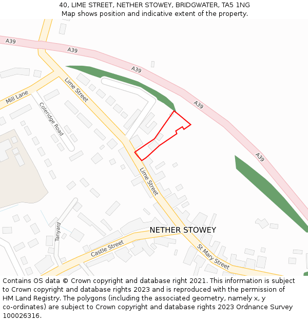 40, LIME STREET, NETHER STOWEY, BRIDGWATER, TA5 1NG: Location map and indicative extent of plot