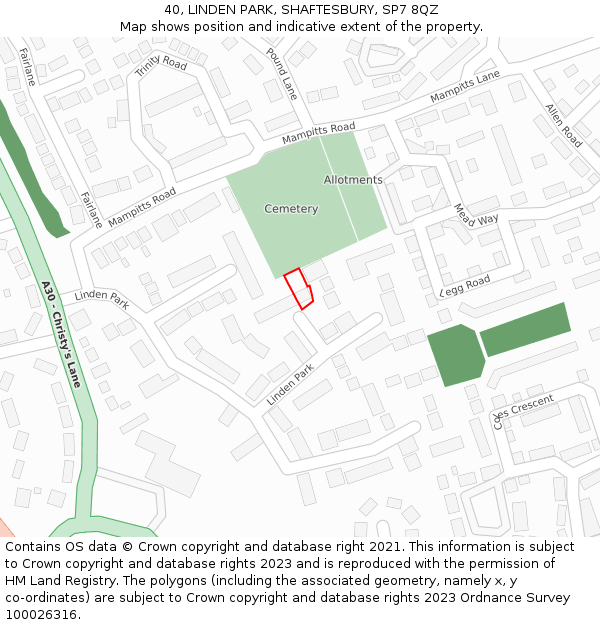 40, LINDEN PARK, SHAFTESBURY, SP7 8QZ: Location map and indicative extent of plot