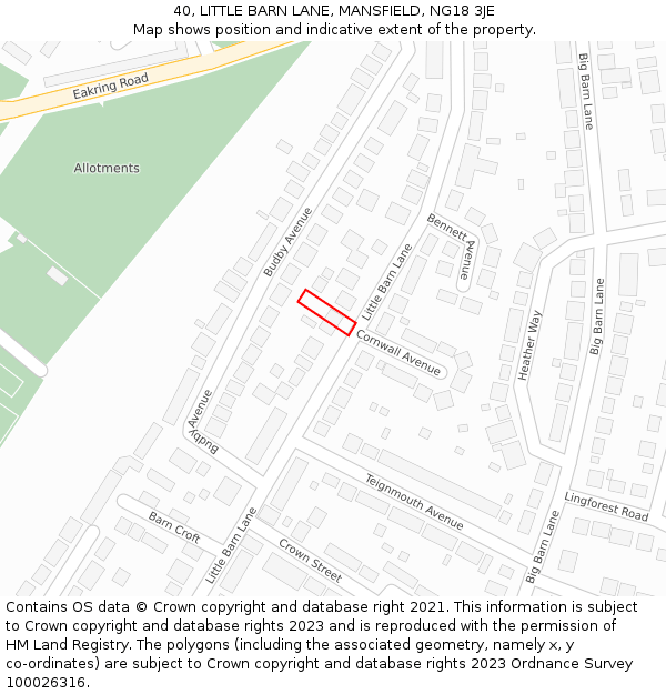 40, LITTLE BARN LANE, MANSFIELD, NG18 3JE: Location map and indicative extent of plot