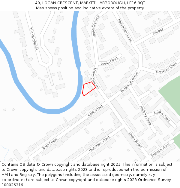 40, LOGAN CRESCENT, MARKET HARBOROUGH, LE16 9QT: Location map and indicative extent of plot