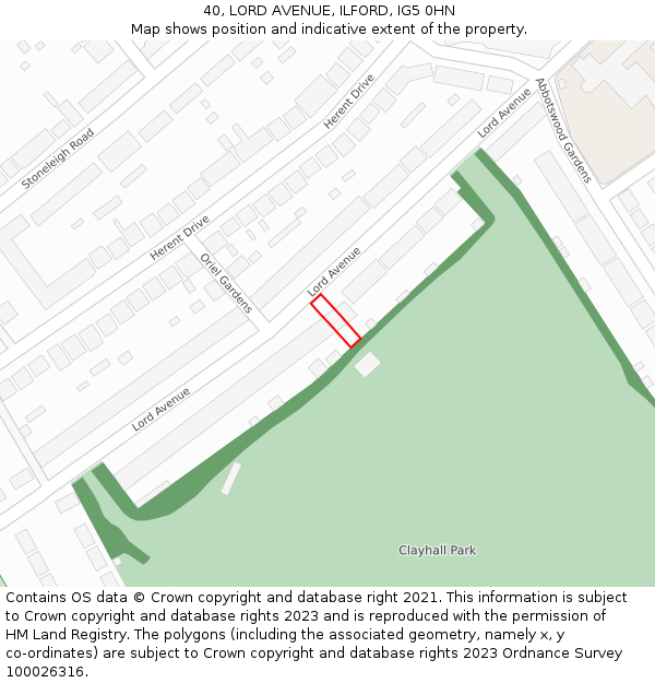 40, LORD AVENUE, ILFORD, IG5 0HN: Location map and indicative extent of plot