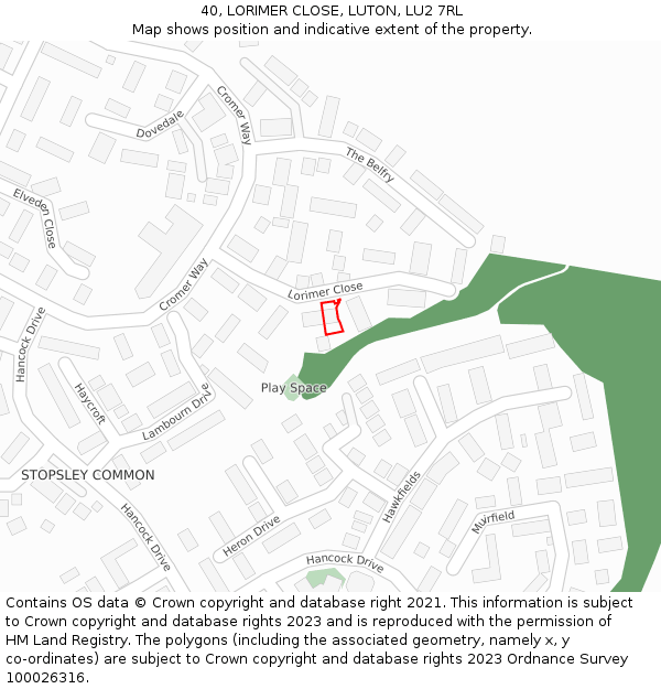 40, LORIMER CLOSE, LUTON, LU2 7RL: Location map and indicative extent of plot