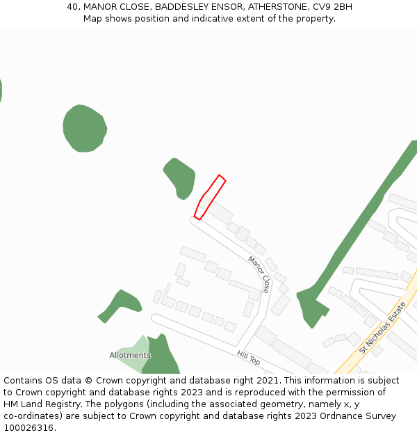 40, MANOR CLOSE, BADDESLEY ENSOR, ATHERSTONE, CV9 2BH: Location map and indicative extent of plot