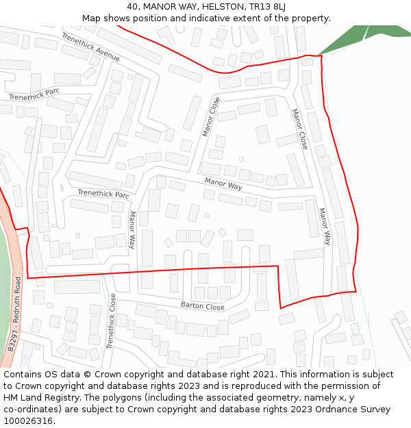 40, MANOR WAY, HELSTON, TR13 8LJ: Location map and indicative extent of plot