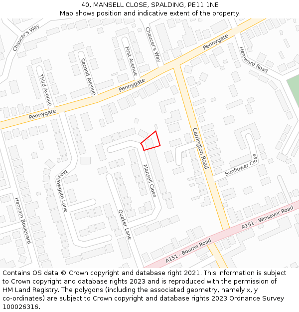 40, MANSELL CLOSE, SPALDING, PE11 1NE: Location map and indicative extent of plot