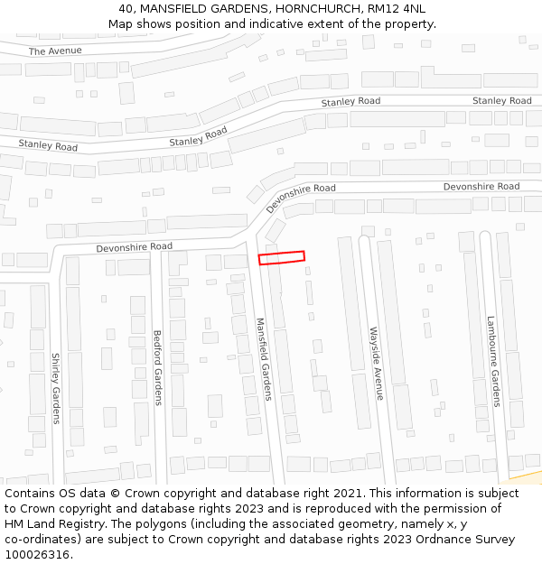 40, MANSFIELD GARDENS, HORNCHURCH, RM12 4NL: Location map and indicative extent of plot