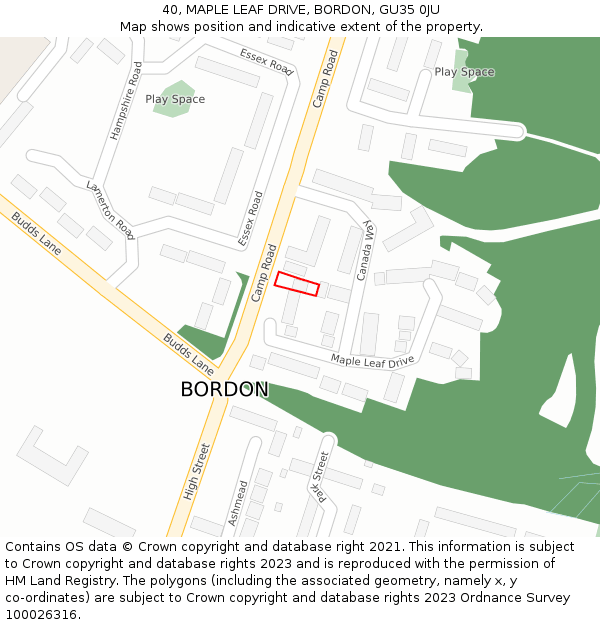 40, MAPLE LEAF DRIVE, BORDON, GU35 0JU: Location map and indicative extent of plot